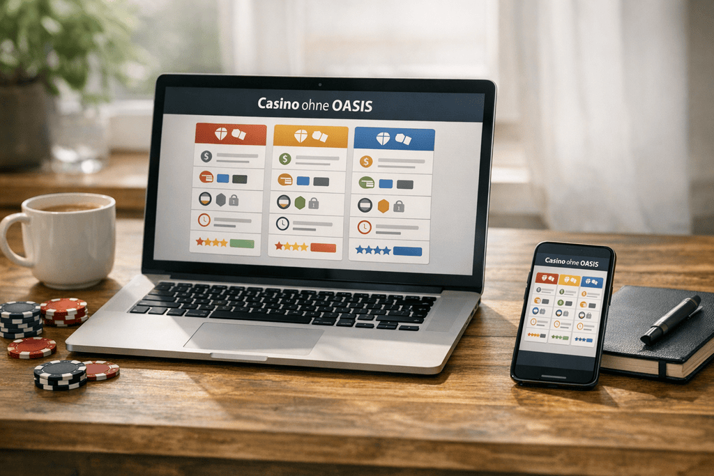 Ein realistisches Editorial-Foto im 16:9-Format zeigt einen modernen Schreibtisch mit Laptop und Smartphone, die eine neutrale Vergleichsoberfläche für Online-Casinos ohne OASIS darstellen. Dezente Pokerchips, eine Kaffeetasse und ein Notizbuch ergänzen die Szene, die durch sanftes Tageslicht und hochwertige Fotografie einen modernen, vertrauenswürdigen und unaufdringlichen Look vermittelt.